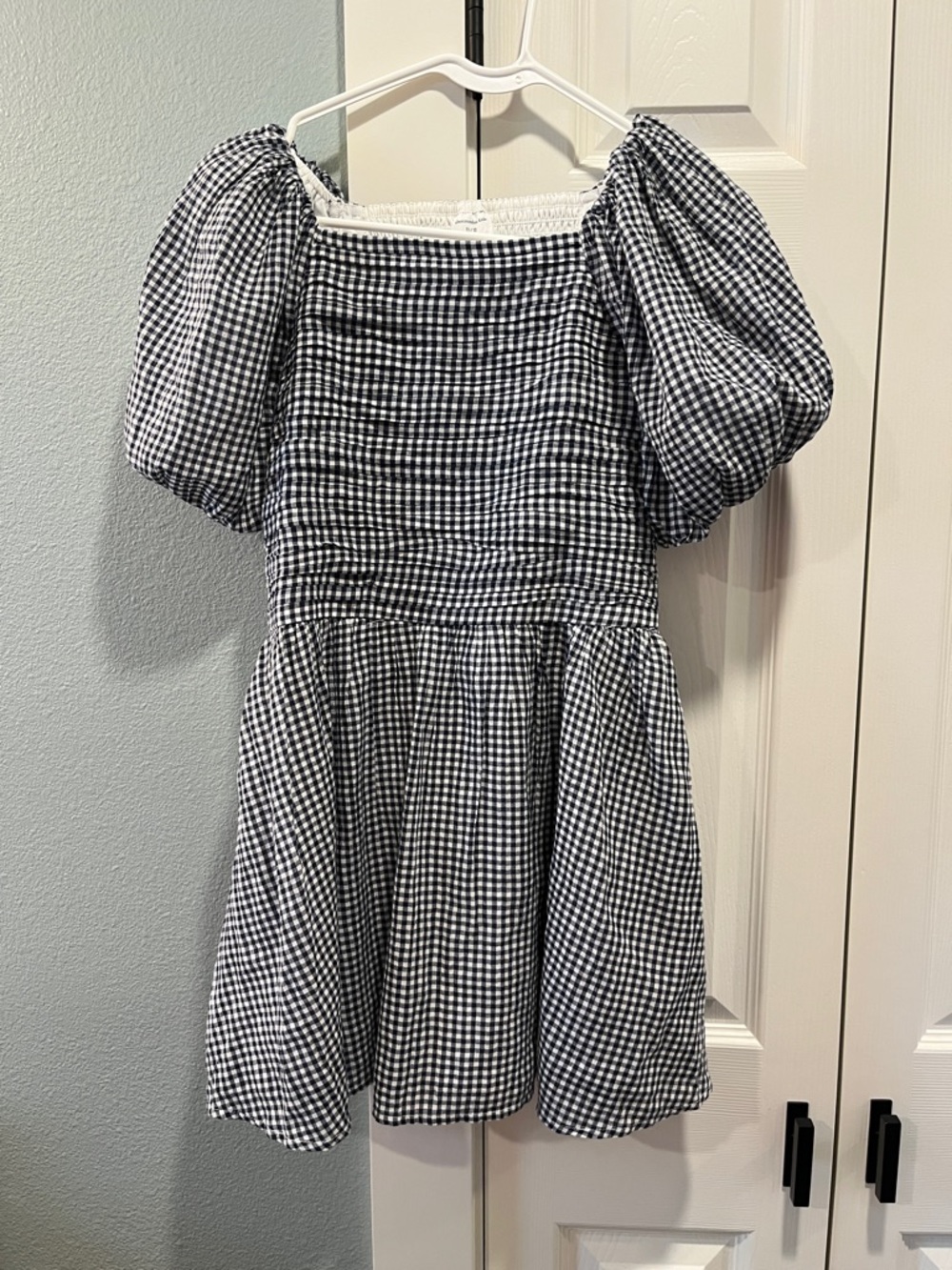 New! abercrombie kids navy & White Gingham Puff Sleeve Dress
